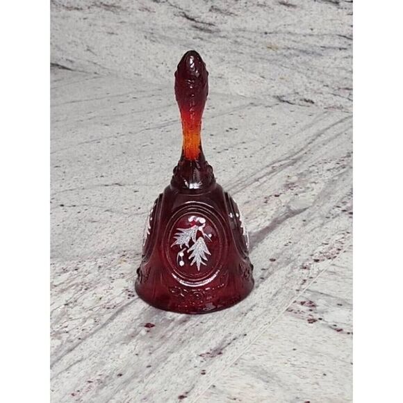 Vintage Fenton Ruby Red Amberina Handle, Bell, Christmas, Holly | Signed B.Nash - Picture 3 of 5